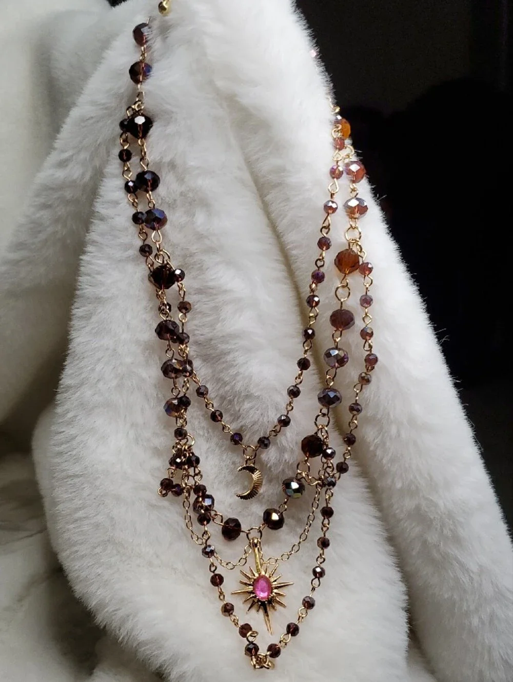 Fashion Jewelry Gold-Tone Layered Necklace with Brown Beads and Pink Star Accent